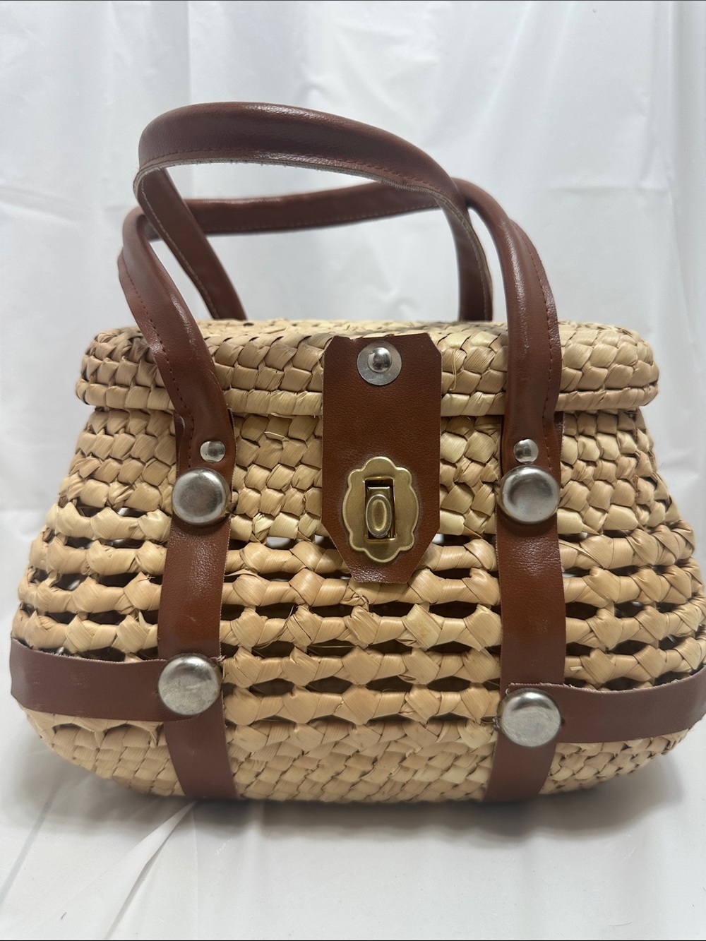 Woven Straw Tote with Brown Leather Trim and Gold-Tone Lock